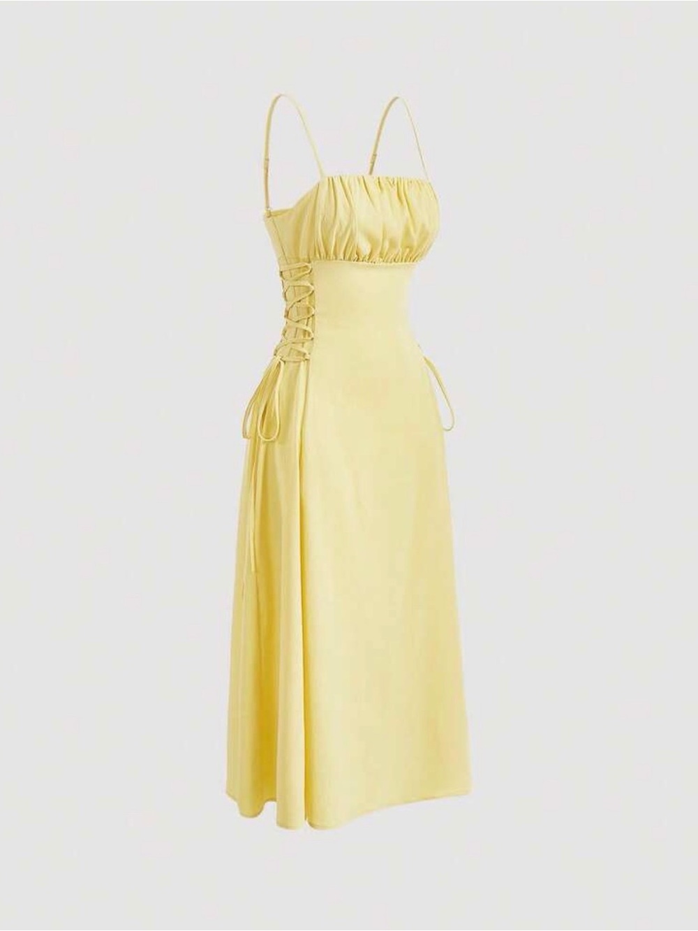 Yellow Spaghetti-Strap Maxi Dress with Side Lace-Up